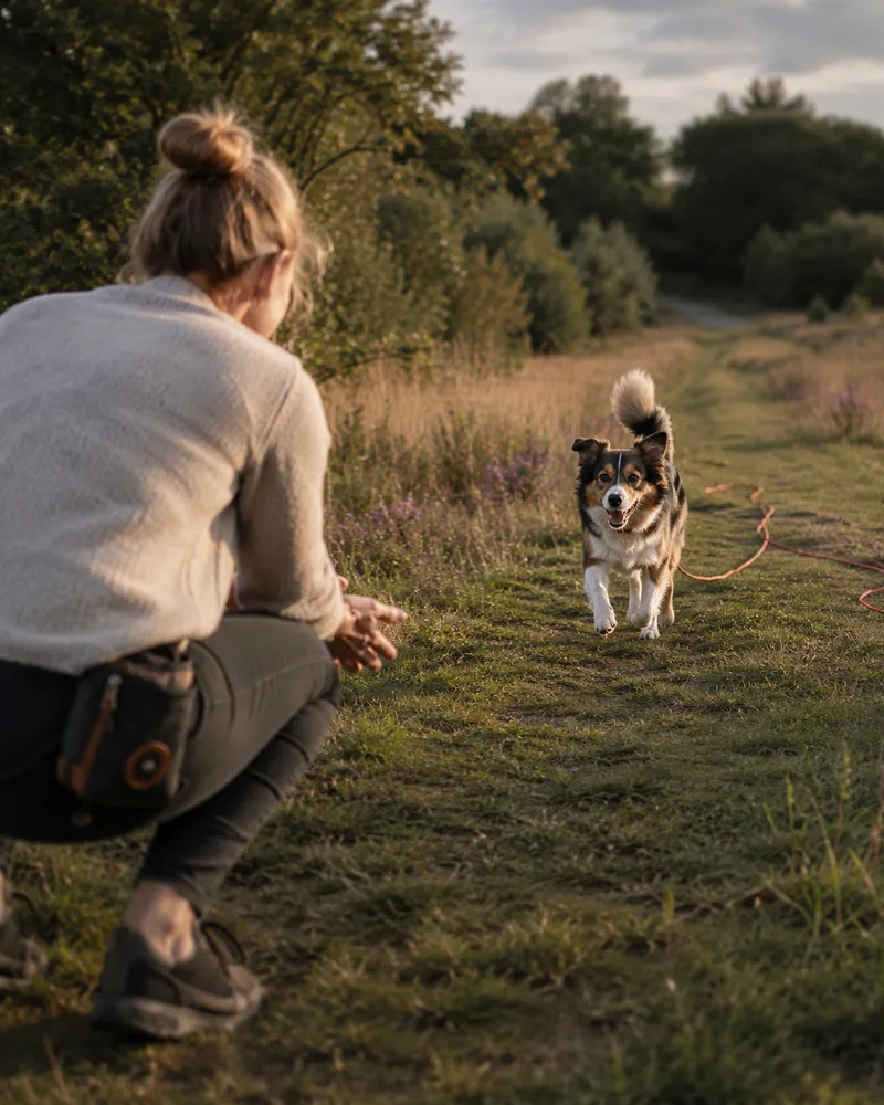 Ein Hund läuft auf einem Feldweg freudig zu Mirja zurück, die ihn mit ausgestreckten Händen empfängt.