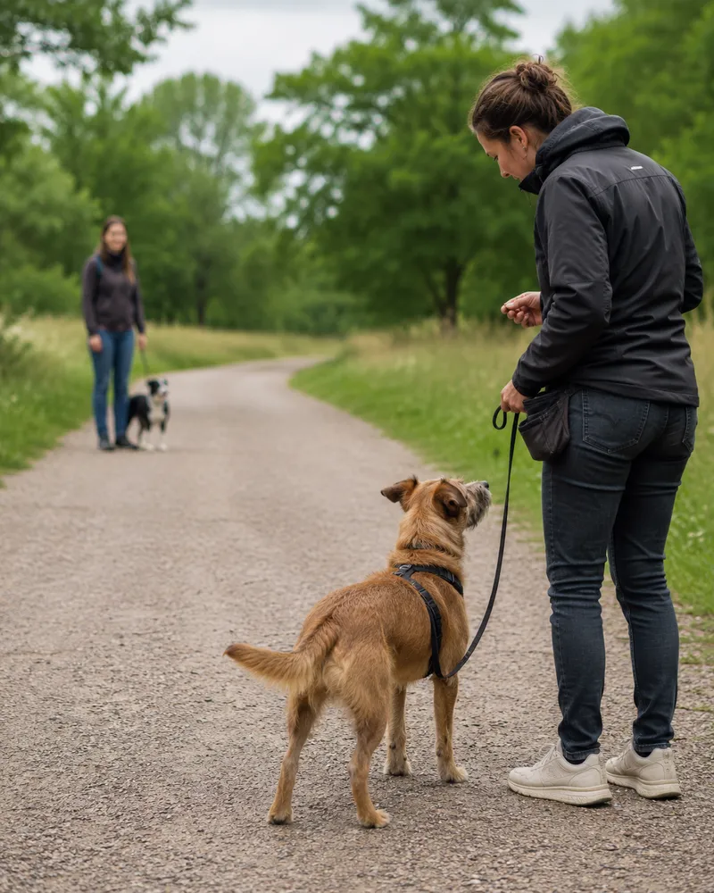 Mirja arbeitet mit einem angeleinten Hund auf Abstand zu einem anderen Mensch-Hund-Team auf einem Weg.