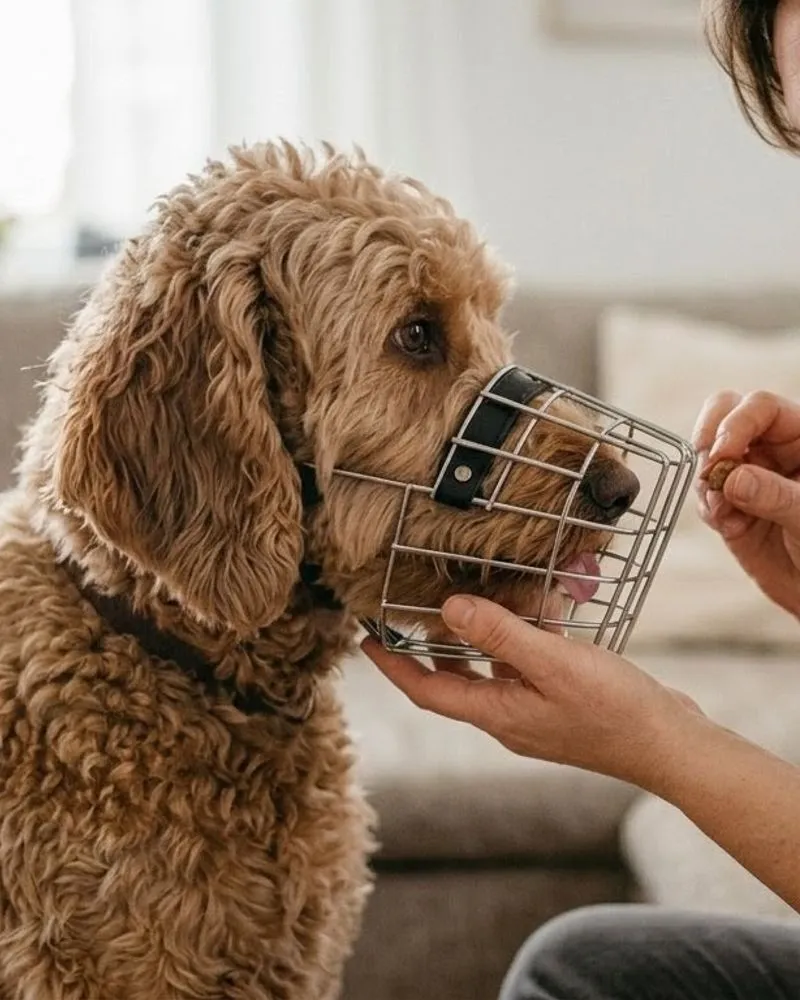 Ein Hund trägt einen Korbmaulkorb und nimmt ruhig ein Leckerli aus Mirjas Hand.