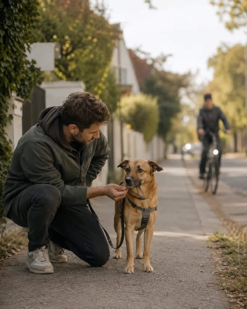 Ein Mann beruhigt einen unsicheren Hund am Gehweg, während im Hintergrund ein Radfahrer vorbeifährt.