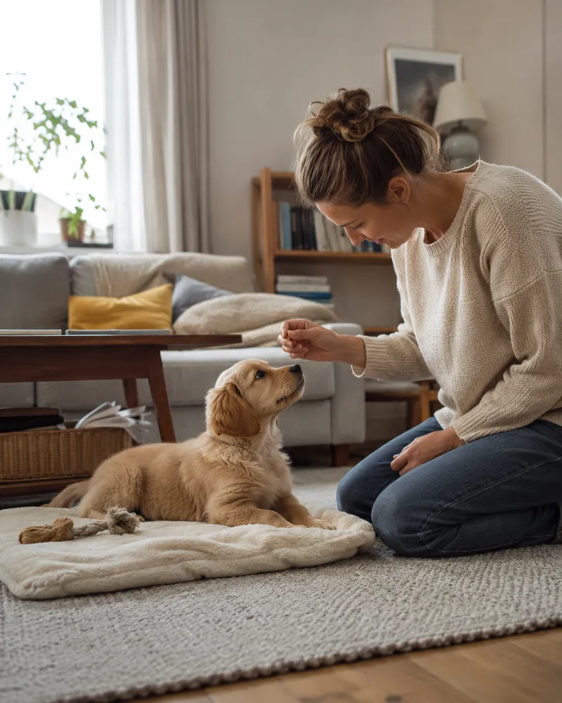 Mirja übt mit einem jungen Hund in einem Wohnzimmer einen ruhigen Moment mit Futterbelohnung.